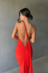 Abby backless maxi dress featuring a one-shoulder neckline, floor-length silhouette, subtle side slit and fluid drape. Stretch fabric molds to the body with a soft lining for coverage. Cotton, polyester, elastane blend—ideal for formal events.