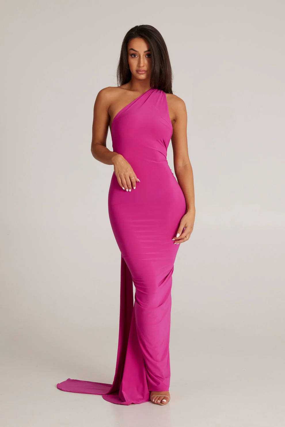 Abby backless maxi dress featuring a one-shoulder neckline, floor-length silhouette, subtle side slit and fluid drape. Stretch fabric molds to the body with a soft lining for coverage. Cotton, polyester, elastane blend—ideal for formal events.