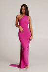 Abby backless maxi dress featuring a one-shoulder neckline, floor-length silhouette, subtle side slit and fluid drape. Stretch fabric molds to the body with a soft lining for coverage. Cotton, polyester, elastane blend—ideal for formal events.