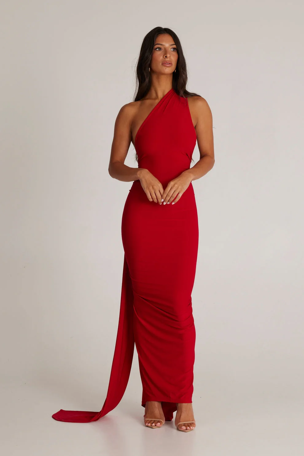 Abby backless maxi dress featuring a one-shoulder neckline, floor-length silhouette, subtle side slit and fluid drape. Stretch fabric molds to the body with a soft lining for coverage. Cotton, polyester, elastane blend—ideal for formal events.