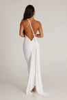 Abby backless maxi dress featuring a one-shoulder neckline, floor-length silhouette, subtle side slit and fluid drape. Stretch fabric molds to the body with a soft lining for coverage. Cotton, polyester, elastane blend—ideal for formal events.