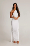 Abby backless maxi dress featuring a one-shoulder neckline, floor-length silhouette, subtle side slit and fluid drape. Stretch fabric molds to the body with a soft lining for coverage. Cotton, polyester, elastane blend—ideal for formal events.