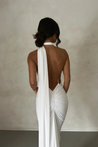 Abby backless maxi dress featuring a one-shoulder neckline, floor-length silhouette, subtle side slit and fluid drape. Stretch fabric molds to the body with a soft lining for coverage. Cotton, polyester, elastane blend—ideal for formal events.