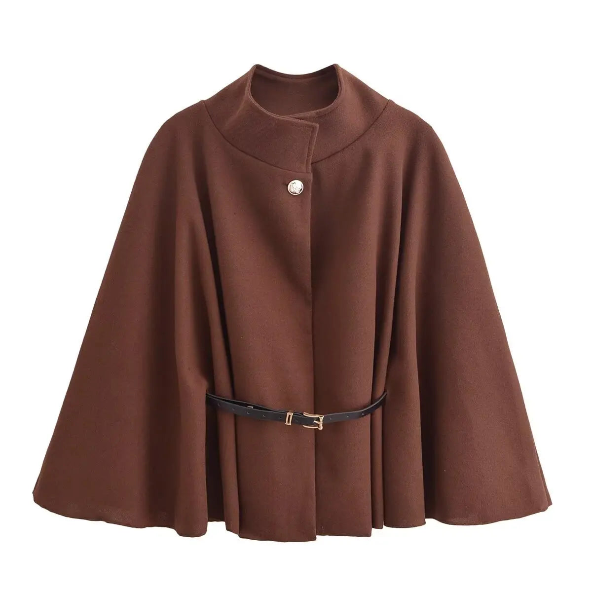 Adele wool-blend poncho belted cape coat featuring a flowing cape silhouette, high stand collar, single front button and slim waist belt. Soft, durable and warm outer layer that drapes smoothly over knitwear, dresses or tailored outfits.