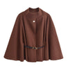 Adele wool-blend poncho belted cape coat featuring a flowing cape silhouette, high stand collar, single front button and slim waist belt. Soft, durable and warm outer layer that drapes smoothly over knitwear, dresses or tailored outfits.