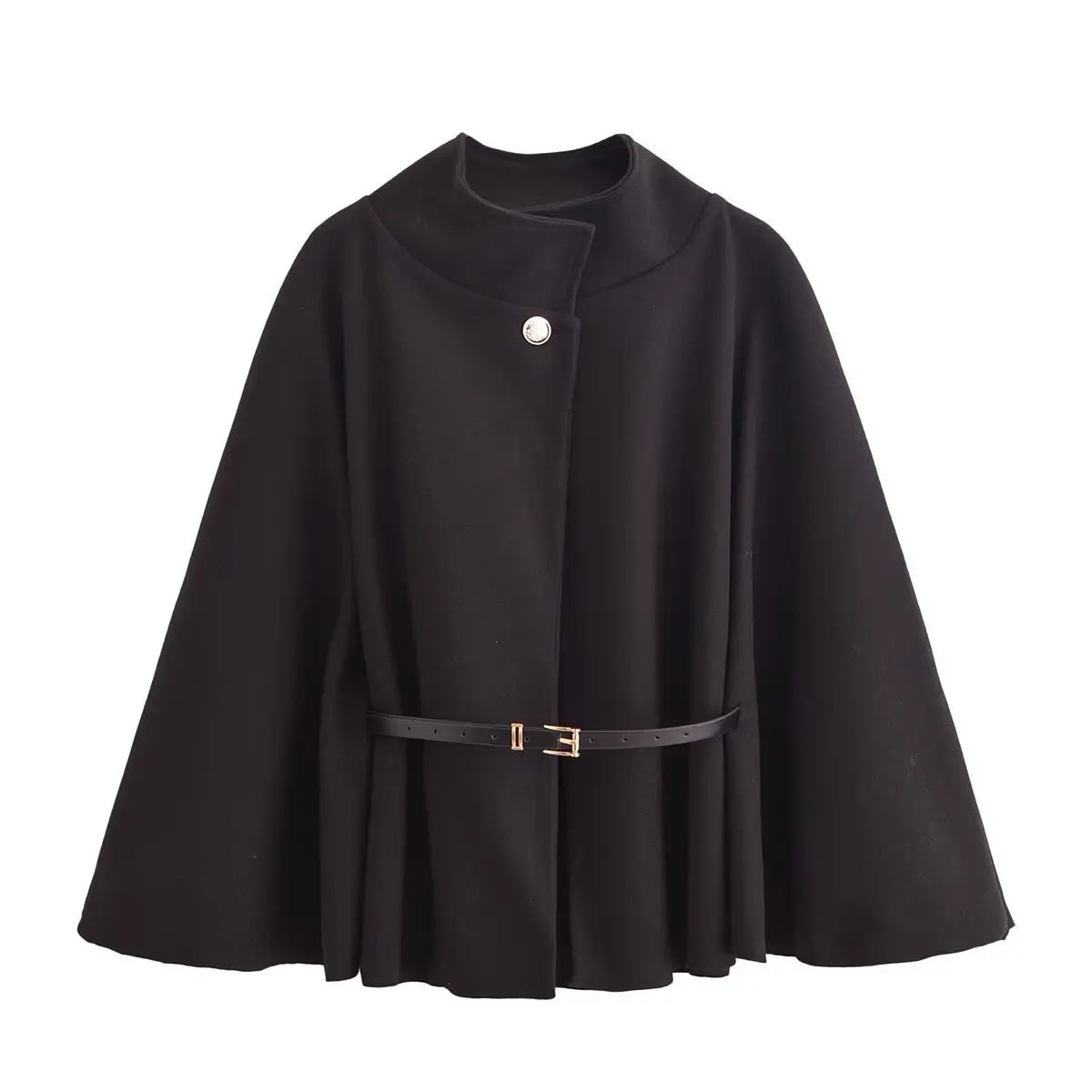 Adele wool-blend poncho belted cape coat featuring a flowing cape silhouette, high stand collar, single front button and slim waist belt. Soft, durable and warm outer layer that drapes smoothly over knitwear, dresses or tailored outfits.