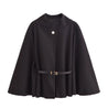 Adele wool-blend poncho belted cape coat featuring a flowing cape silhouette, high stand collar, single front button and slim waist belt. Soft, durable and warm outer layer that drapes smoothly over knitwear, dresses or tailored outfits.