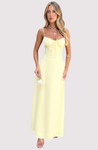 Maxi dress with delicate straps, ruched bust and lace-up back for a custom fit, finished with a flowing A-line skirt. Lightweight, breathable fabric offers graceful movement for weddings, soirées, parties or elegant daytime wear.