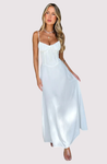 Maxi dress with delicate straps, ruched bust and lace-up back for a custom fit, finished with a flowing A-line skirt. Lightweight, breathable fabric offers graceful movement for weddings, soirées, parties or elegant daytime wear.