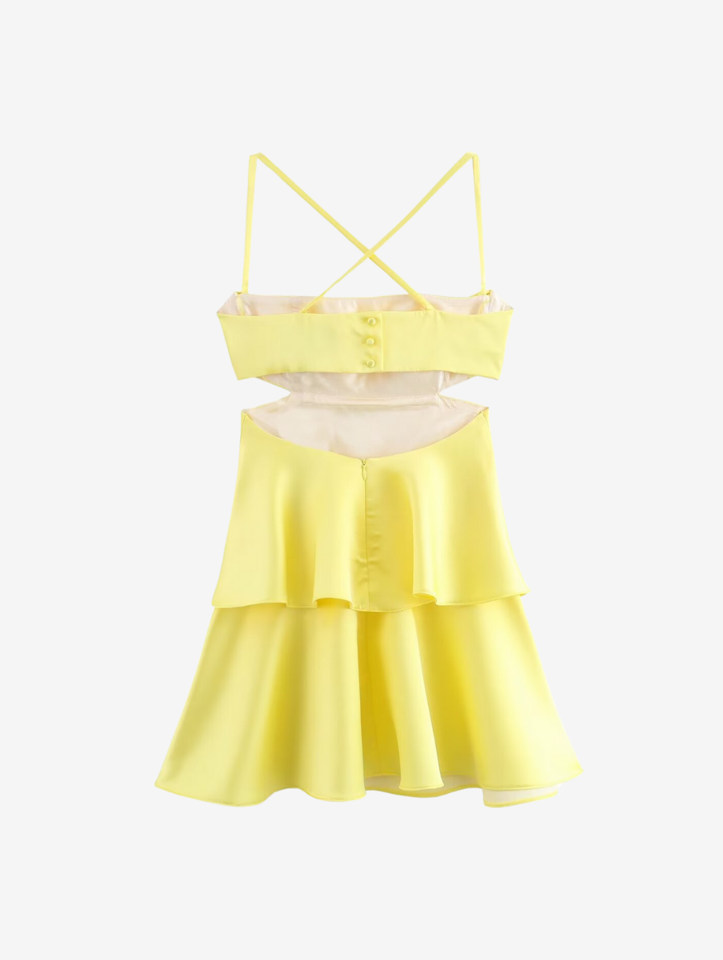Amalfi Satin Mini Dress in lemon yellow with structured pleated bandeau bodice, adjustable thin straps, open back with criss-cross ties and a flared double-layered skirt. Polyester satin offers fluid movement for parties, vacations and seaside events.