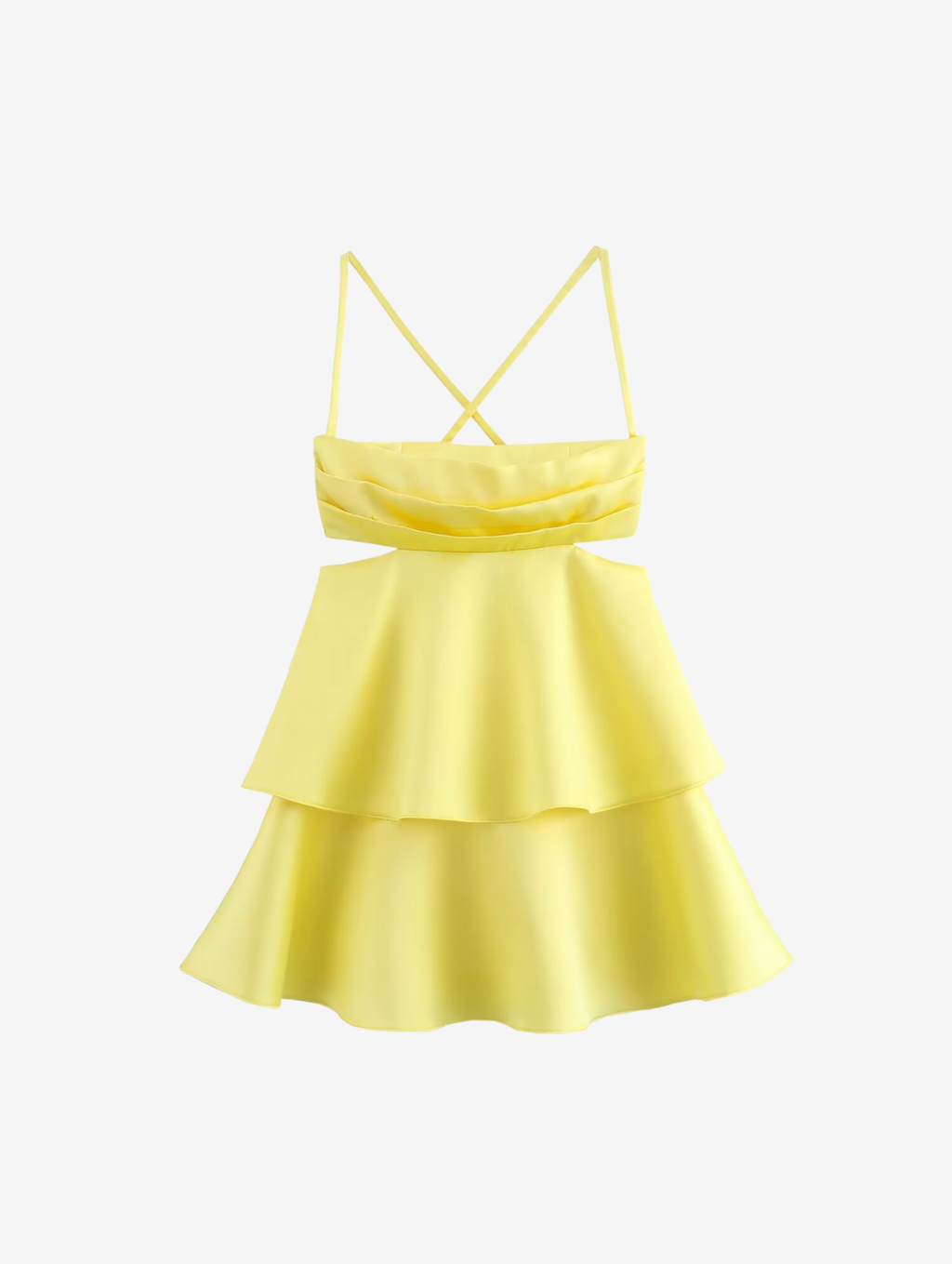 Amalfi Satin Mini Dress in lemon yellow with structured pleated bandeau bodice, adjustable thin straps, open back with criss-cross ties and a flared double-layered skirt. Polyester satin offers fluid movement for parties, vacations and seaside events.