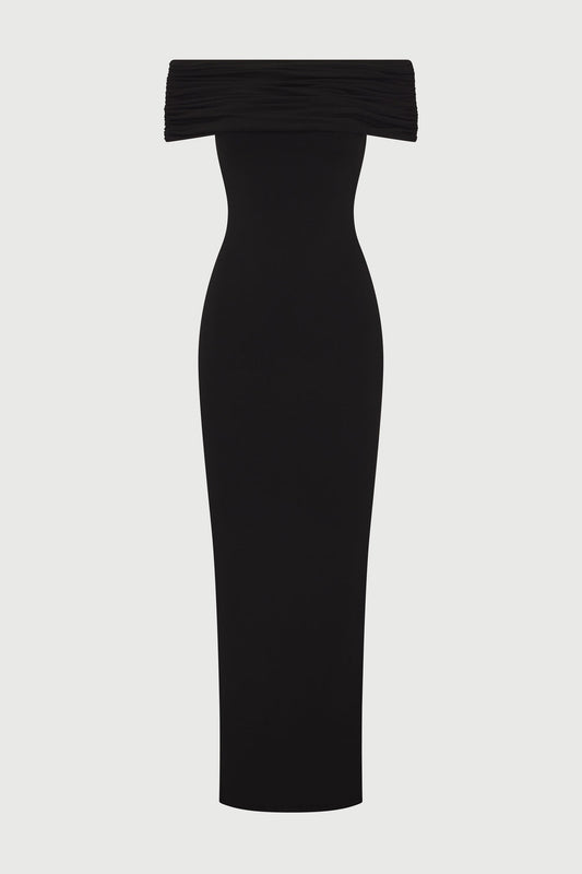 Amanda Backless Maxi Dress: off-shoulder, floor-length silhouette with V-shaped open back. Cotton, polyester and elastane blend molds to the body with a light, smoothing drape that defines the waist and flatters hip curves for elegant events.