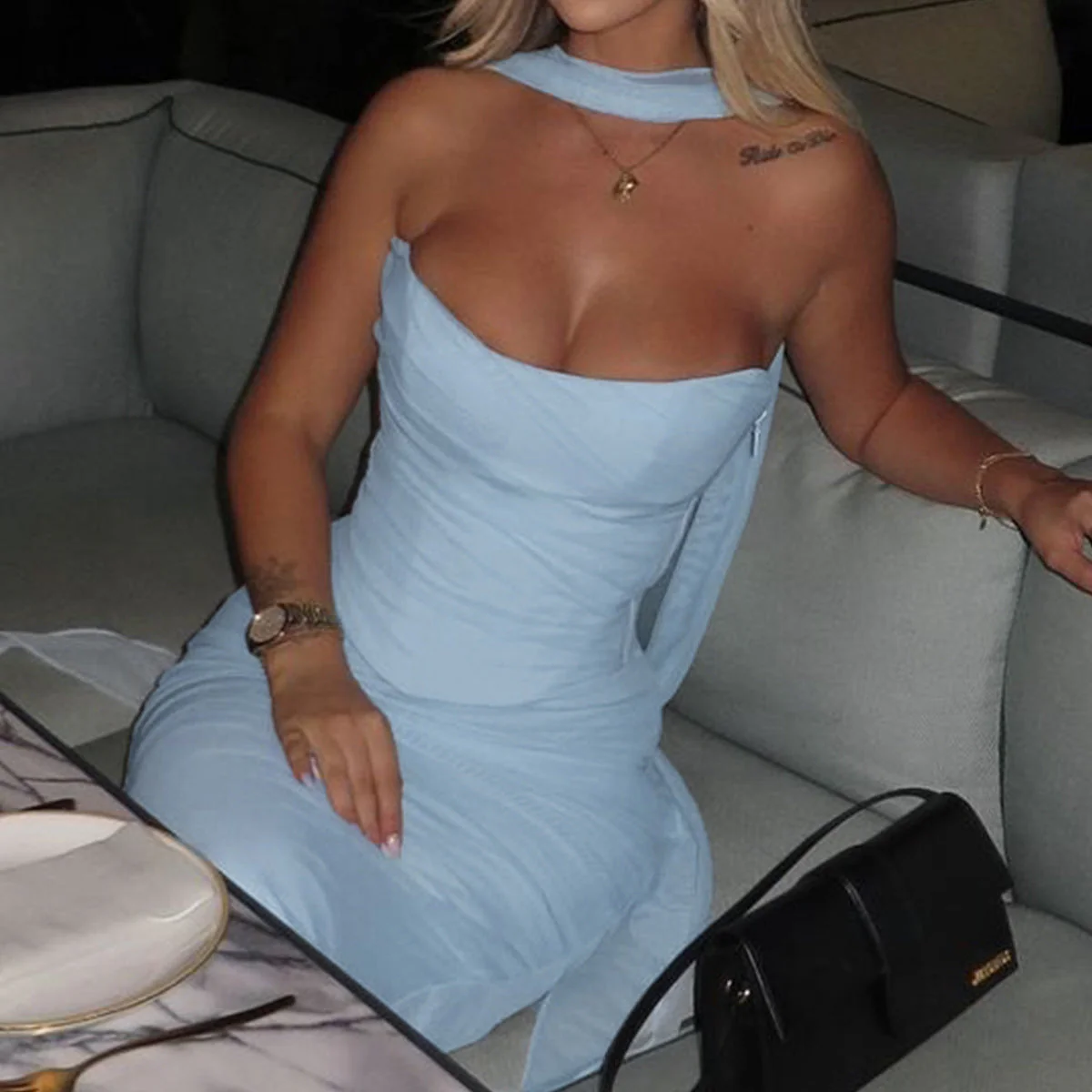 Women’s strapless bodycon maxi dress featuring a sleek, sculpting fit, clean straight neckline and floor-grazing length. Minimalist design flatters the waist and shoulders, ideal for weddings, galas or evening events paired with heels and a clutch.