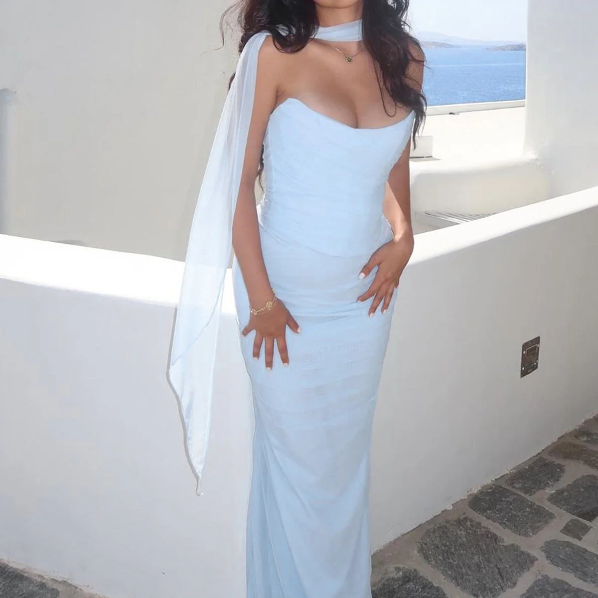 Women’s strapless bodycon maxi dress featuring a sleek, sculpting fit, clean straight neckline and floor-grazing length. Minimalist design flatters the waist and shoulders, ideal for weddings, galas or evening events paired with heels and a clutch.