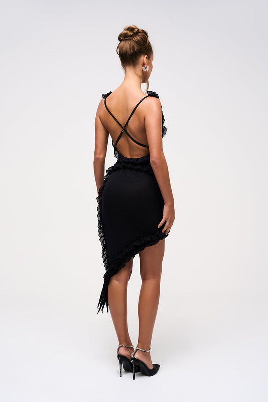 Aria Black Frill Mesh Midi Dress featuring a one-shoulder neckline, sculpted bust and asymmetric hem. Sheer mesh panels and delicate ruffle trims in soft stretch fabric create a sleek, curve-hugging, hourglass silhouette for evening occasions.