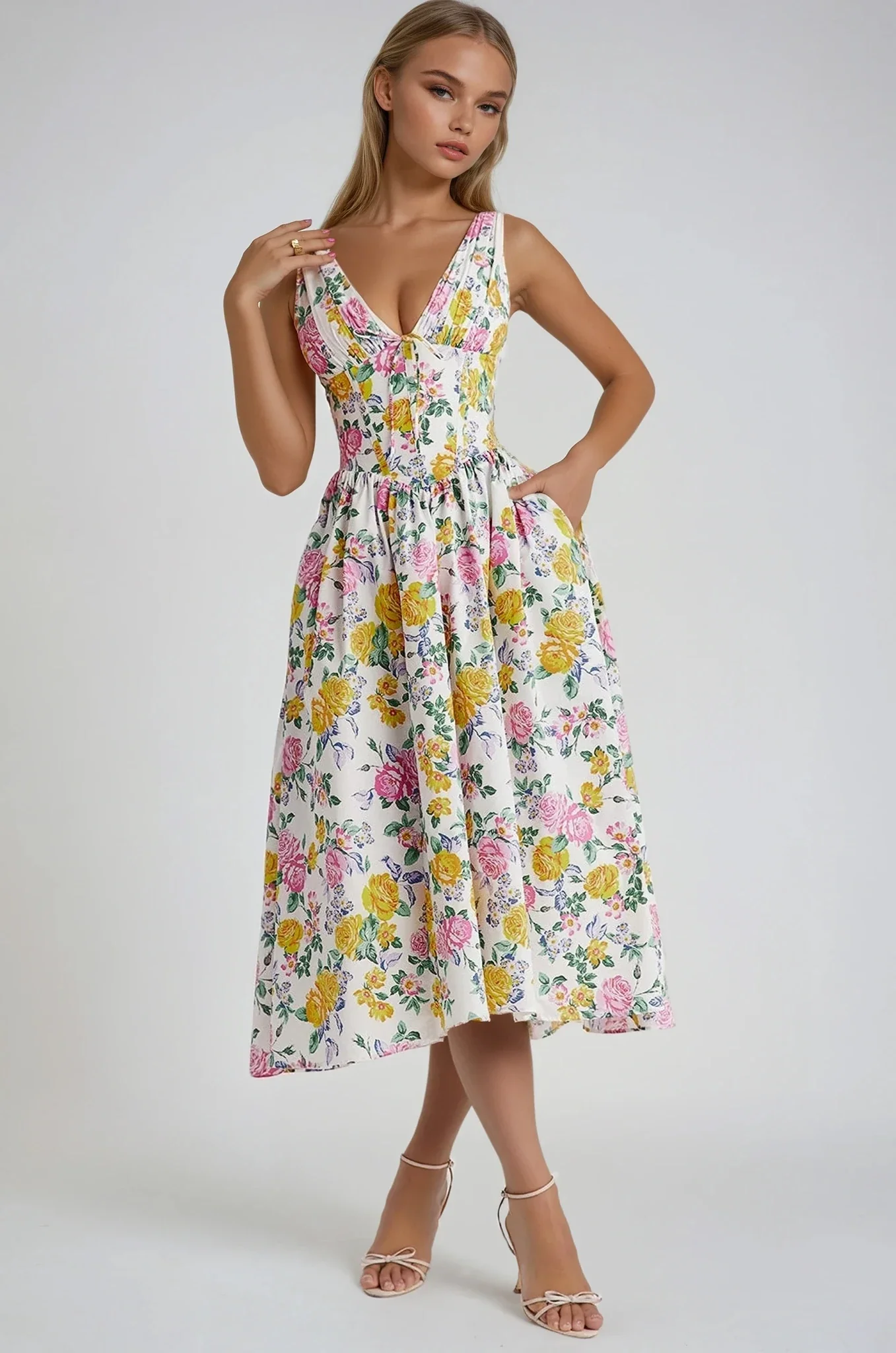 Aurora Elegant Summer Dress: sleeveless midi with plunging V-neckline, ruched bust and corset-inspired seaming that defines the waist. Full gathered skirt with side pockets and mid-calf length; light, breathable feel for garden parties and evenings.