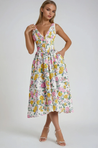 Aurora Elegant Summer Dress: sleeveless midi with plunging V-neckline, ruched bust and corset-inspired seaming that defines the waist. Full gathered skirt with side pockets and mid-calf length; light, breathable feel for garden parties and evenings.
