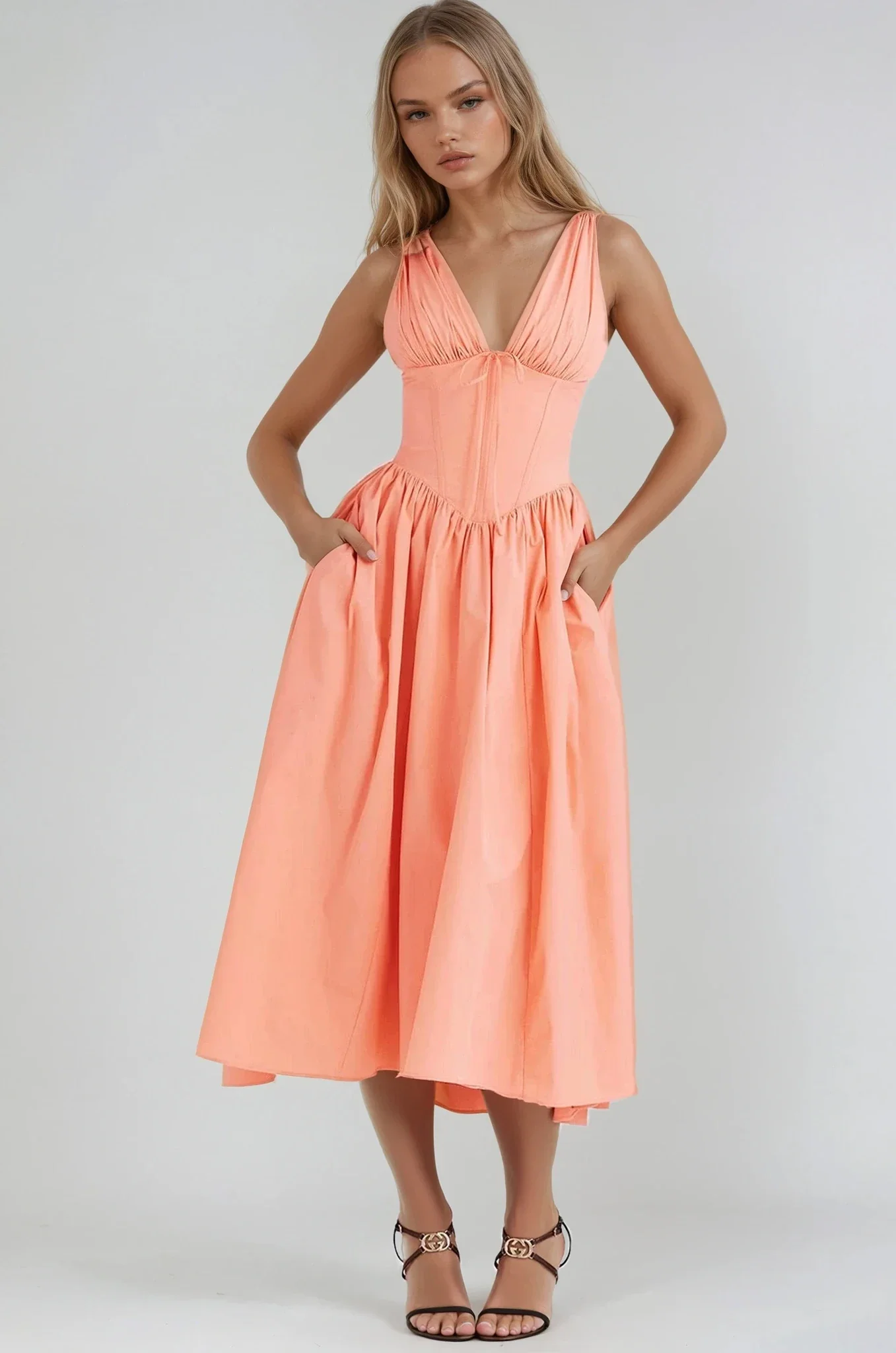 Aurora Elegant Summer Dress: sleeveless midi with plunging V-neckline, ruched bust and corset-inspired seaming that defines the waist. Full gathered skirt with side pockets and mid-calf length; light, breathable feel for garden parties and evenings.