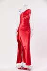 Aurora satin slit maxi dress featuring a one-shoulder neckline, backless silhouette, and fluid side slit. Made from a cotton–polyester–elastane satin blend that molds to the body with a smooth, lightweight drape for weddings, galas, and evening occasions.