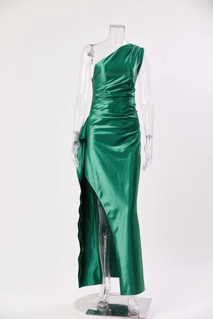 Aurora satin slit maxi dress featuring a one-shoulder neckline, backless silhouette, and fluid side slit. Made from a cotton–polyester–elastane satin blend that molds to the body with a smooth, lightweight drape for weddings, galas, and evening occasions.