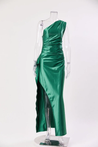 Aurora satin slit maxi dress featuring a one-shoulder neckline, backless silhouette, and fluid side slit. Made from a cotton–polyester–elastane satin blend that molds to the body with a smooth, lightweight drape for weddings, galas, and evening occasions.