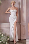 Bella satin corset slit gown featuring slim straps, a corset-style bodice and thigh-high slit. Gentle ruching defines the waist while stretch and a light drape contour the body without showing folds. Composition: Cotton, Polyester, Elastane, Satin.