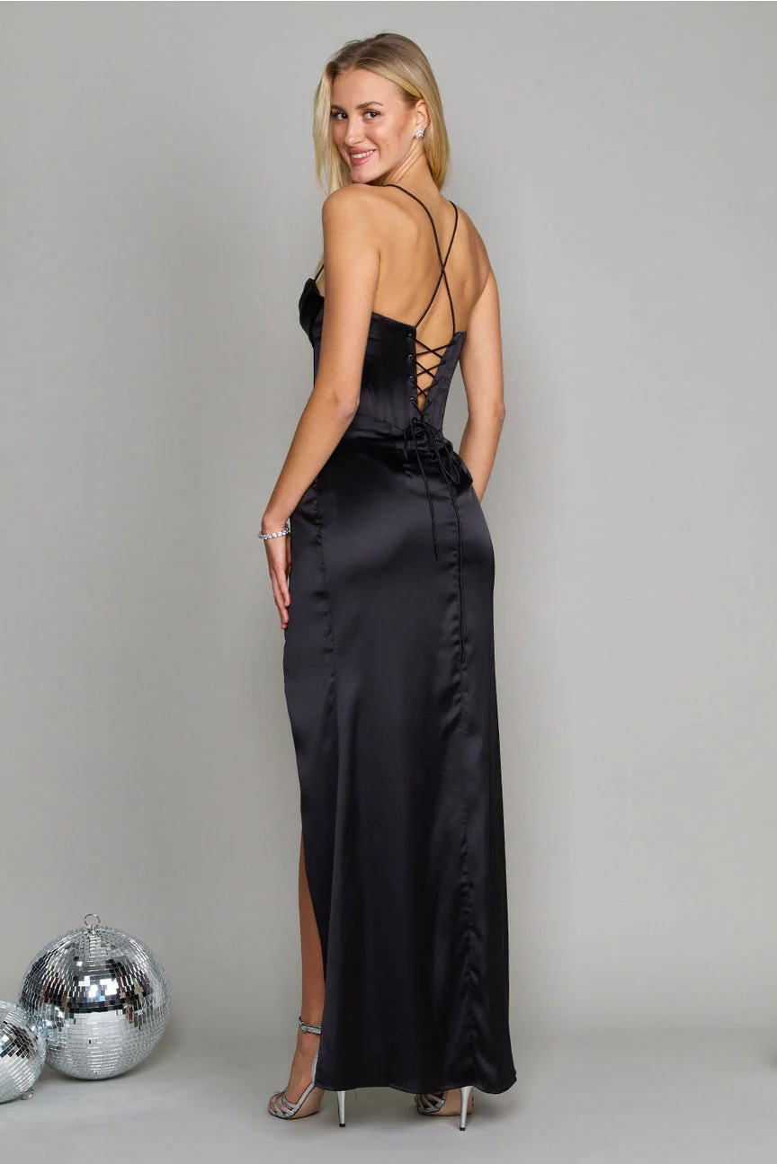 Bella satin corset slit gown featuring slim straps, a corset-style bodice and thigh-high slit. Gentle ruching defines the waist while stretch and a light drape contour the body without showing folds. Composition: Cotton, Polyester, Elastane, Satin.