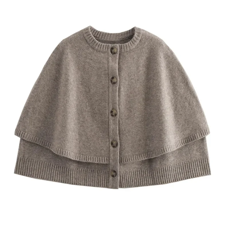 Blake Wool-Blend Button-Up Cape Sweater featuring a layered cape design, front button fastening and ribbed hem. Soft wool-blend knit with a relaxed drape that layers over blouses, sweaters or dresses for warm, feminine elegance in cooler months.