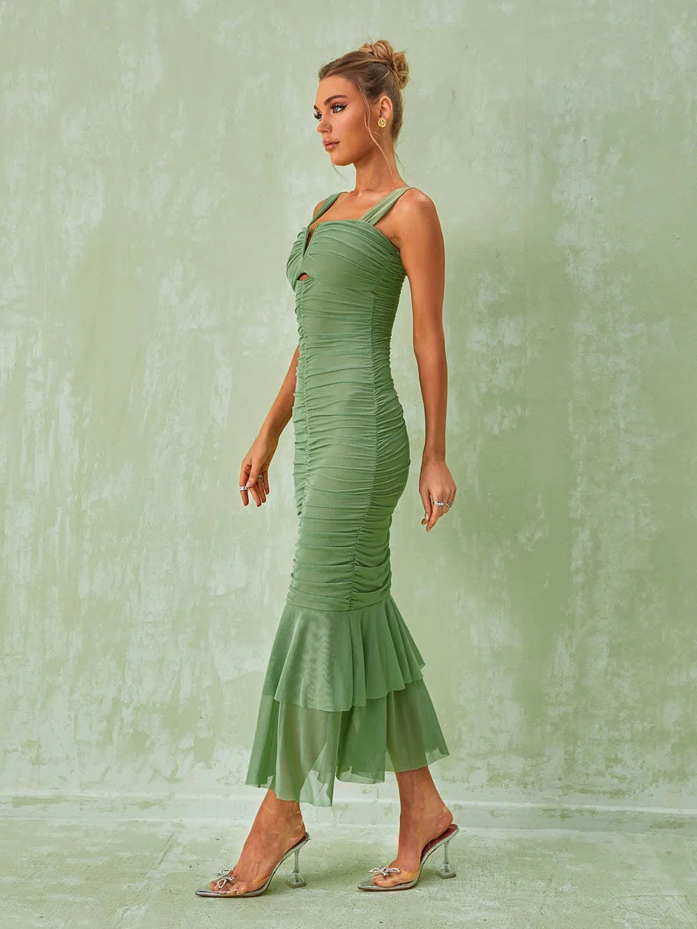 Camille ruched midi dress featuring a sweetheart neckline with V-notch, supportive wide straps and a soft flounce hem. Stretch, figure-hugging silhouette with mesh overlay that smooths and contours—perfect for garden parties, summer soirées and spring weddings.