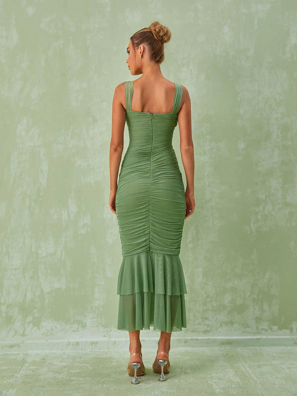 Camille ruched midi dress featuring a sweetheart neckline with V-notch, supportive wide straps and a soft flounce hem. Stretch, figure-hugging silhouette with mesh overlay that smooths and contours—perfect for garden parties, summer soirées and spring weddings.