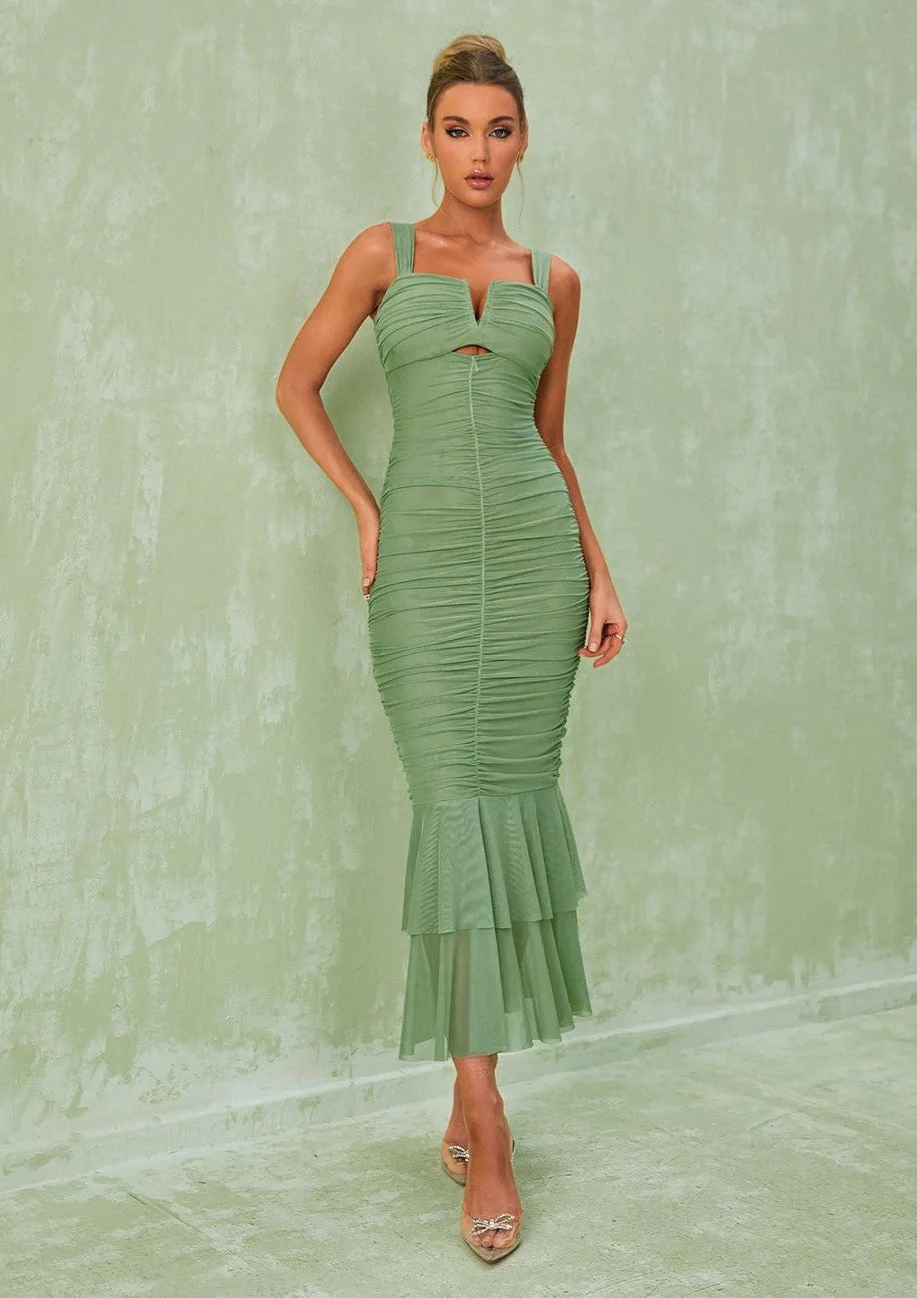 Camille ruched midi dress featuring a sweetheart neckline with V-notch, supportive wide straps and a soft flounce hem. Stretch, figure-hugging silhouette with mesh overlay that smooths and contours—perfect for garden parties, summer soirées and spring weddings.