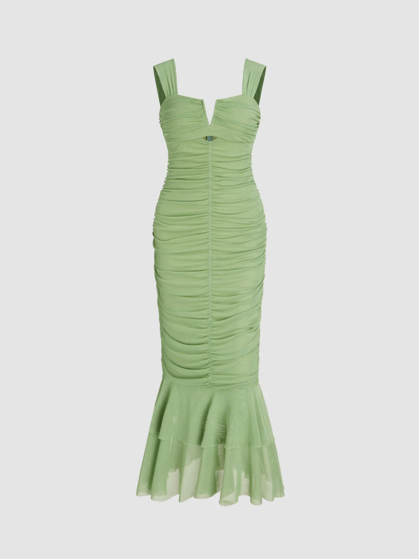 Camille ruched midi dress featuring a sweetheart neckline with V-notch, supportive wide straps and a soft flounce hem. Stretch, figure-hugging silhouette with mesh overlay that smooths and contours—perfect for garden parties, summer soirées and spring weddings.