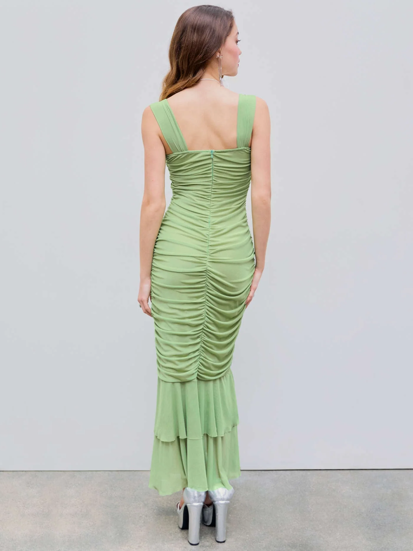 Camille ruched midi dress featuring a sweetheart neckline with V-notch, supportive wide straps and a soft flounce hem. Stretch, figure-hugging silhouette with mesh overlay that smooths and contours—perfect for garden parties, summer soirées and spring weddings.