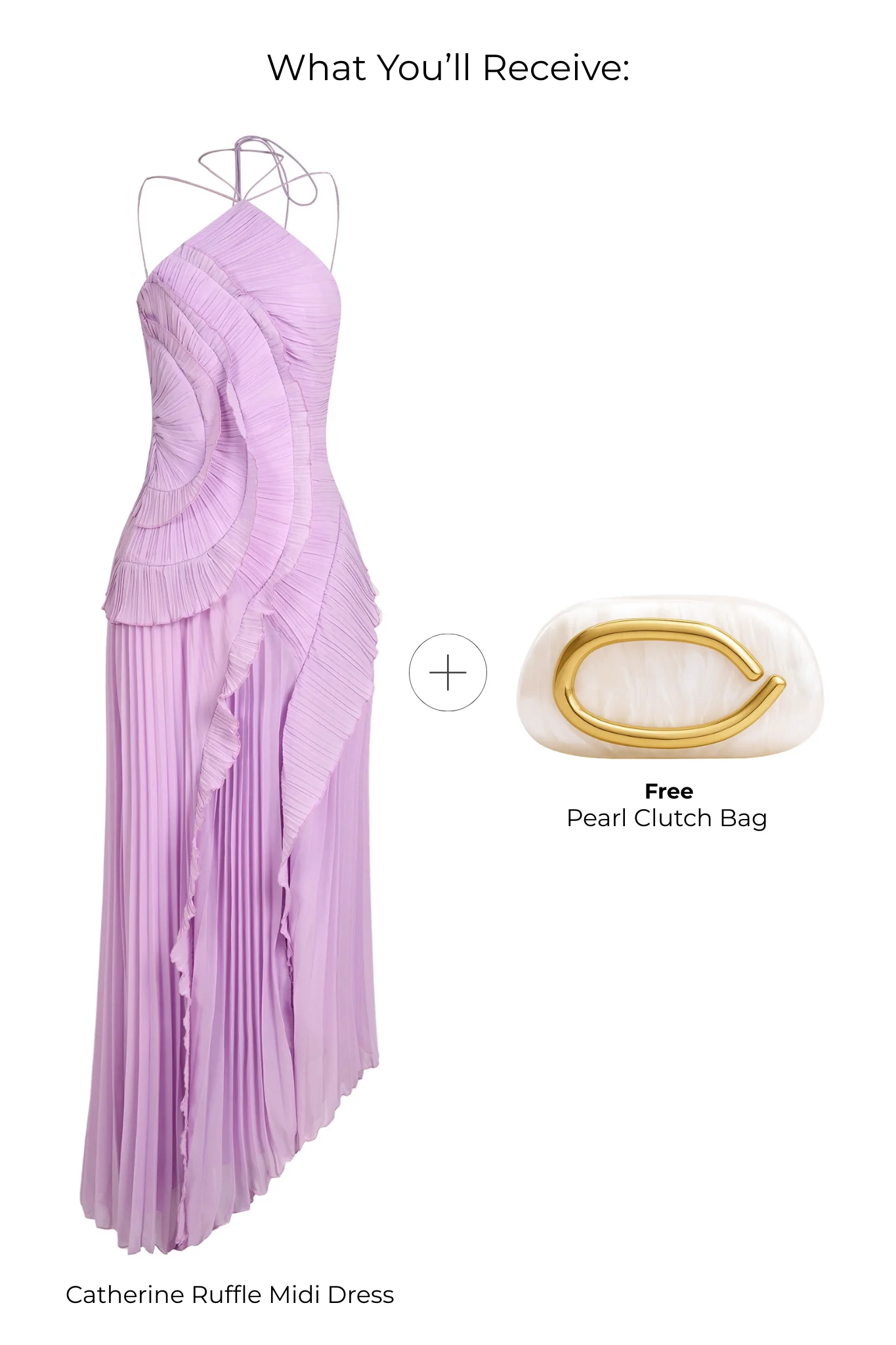 Catherine Ruffle Dress: long asymmetric gown with delicate halter straps, sculpting bodice and cascading pleated ruffles; lightweight chiffon-like polyester with subtle sheen and fluid motion, delivered with a free pearl clutch bag.