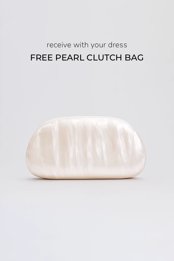 Catherine Ruffle Dress: long asymmetric gown with delicate halter straps, sculpting bodice and cascading pleated ruffles; lightweight chiffon-like polyester with subtle sheen and fluid motion, delivered with a free pearl clutch bag.