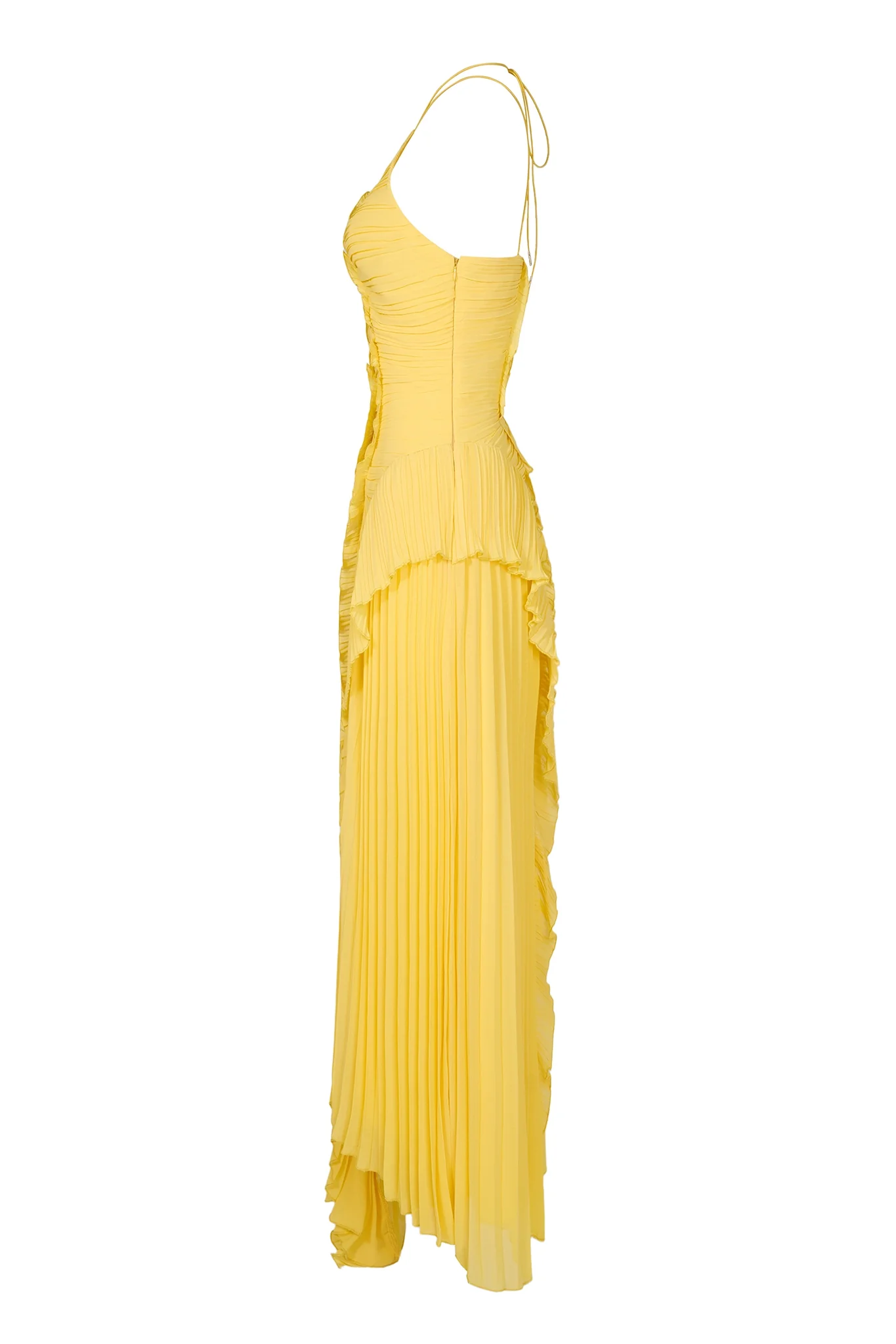 Catherine Ruffle Dress: long asymmetric gown with delicate halter straps, sculpting bodice and cascading pleated ruffles; lightweight chiffon-like polyester with subtle sheen and fluid motion, delivered with a free pearl clutch bag.