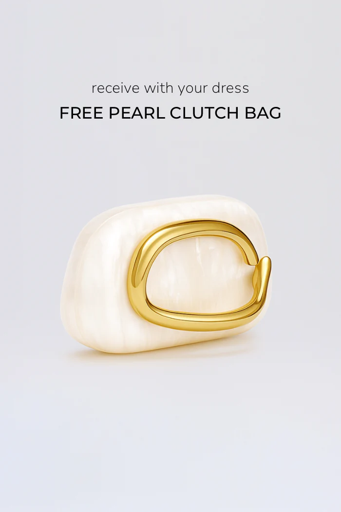 Catherine Ruffle Dress: long asymmetric gown with delicate halter straps, sculpting bodice and cascading pleated ruffles; lightweight chiffon-like polyester with subtle sheen and fluid motion, delivered with a free pearl clutch bag.