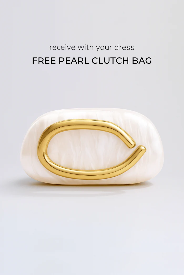 Catherine Ruffle Dress: long asymmetric gown with delicate halter straps, sculpting bodice and cascading pleated ruffles; lightweight chiffon-like polyester with subtle sheen and fluid motion, delivered with a free pearl clutch bag.