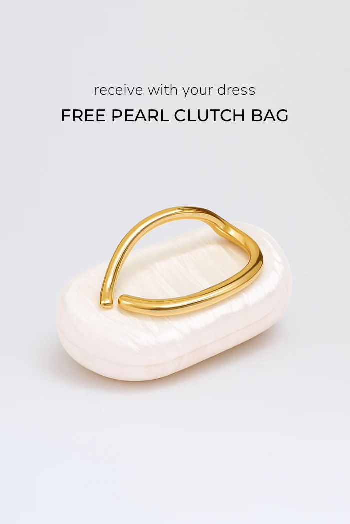 Catherine Ruffle Dress: long asymmetric gown with delicate halter straps, sculpting bodice and cascading pleated ruffles; lightweight chiffon-like polyester with subtle sheen and fluid motion, delivered with a free pearl clutch bag.