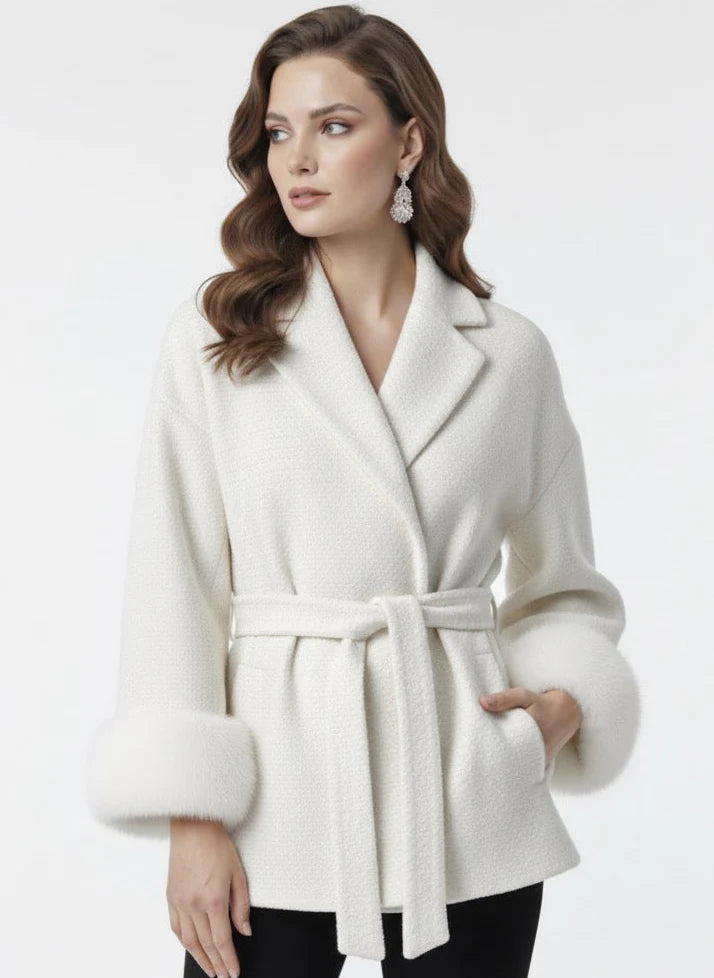 Celine wool-blend belted coat featuring a wrap front, wide lapels and waist-defining tie belt with statement faux fur cuffs. Soft, warm and durable outer layer that elevates autumn-winter outfits from tailored trousers to knit dresses with Parisian elegance.