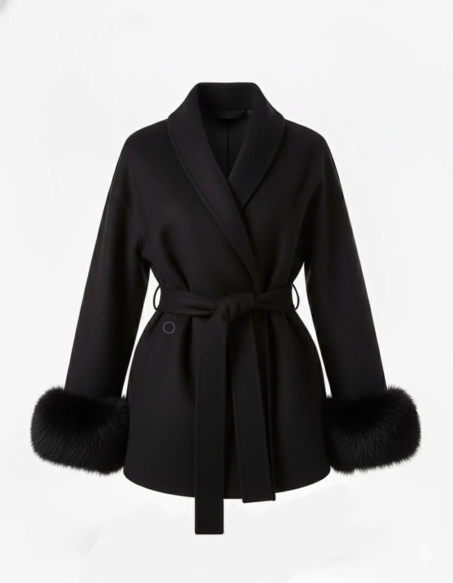 Celine wool-blend belted coat featuring a wrap front, wide lapels and waist-defining tie belt with statement faux fur cuffs. Soft, warm and durable outer layer that elevates autumn-winter outfits from tailored trousers to knit dresses with Parisian elegance.