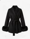Celine wool-blend belted coat featuring a wrap front, wide lapels and waist-defining tie belt with statement faux fur cuffs. Soft, warm and durable outer layer that elevates autumn-winter outfits from tailored trousers to knit dresses with Parisian elegance.