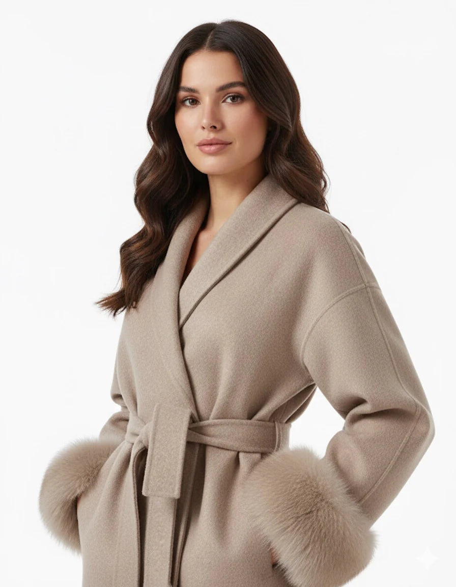 Celine wool-blend belted coat featuring a wrap front, wide lapels and waist-defining tie belt with statement faux fur cuffs. Soft, warm and durable outer layer that elevates autumn-winter outfits from tailored trousers to knit dresses with Parisian elegance.