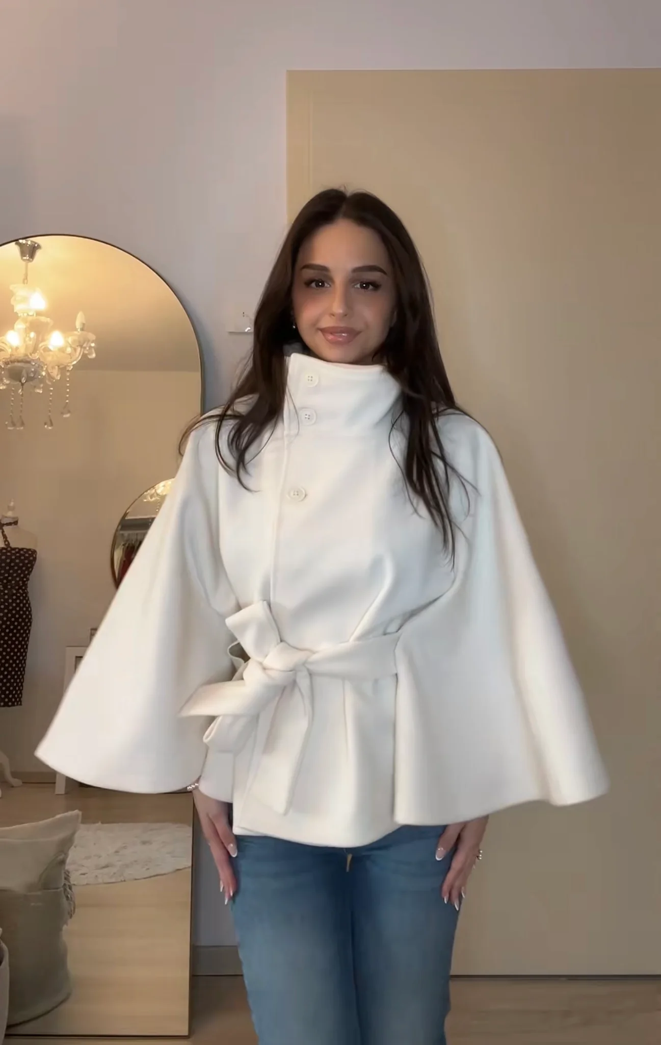 Chloe 2-Pack Cape Bundle featuring two belted capes with high-neck collars, buttoned fronts and detachable waist ties. Soft-touch fabric, flowing drape and versatile colors ideal for layering over dresses, denim or tailored looks.