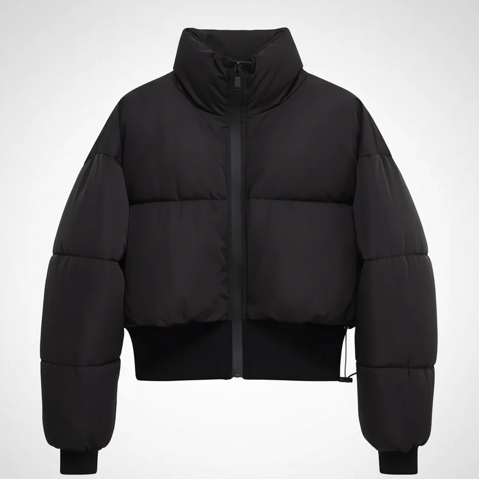 Claire cropped puffer jacket in black, featuring a high padded collar, zip fastening, elasticated cuffs and a smooth polyester shell with lightweight fibre filling. Sleek, warm and non-bulky—ideal over high-waist denim, skirts or tailored trousers.