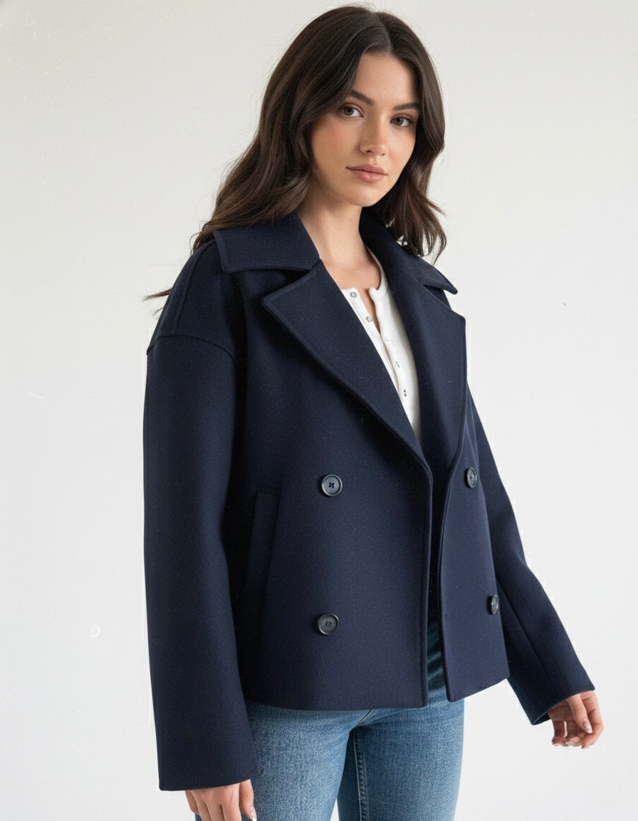 Maya wool-blend double-breasted cropped trench coat in a tailored silhouette with wide lapels and structured shoulders. Warm, durable and comfortable layer for autumn and winter, styled with denim, skirts or trousers.