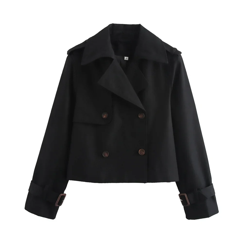 Amelia cropped double-breasted trench jacket in cotton blend with wide lapels, structured shoulders, epaulettes and adjustable buckle cuffs. Clean, waist-balancing silhouette that layers stylishly over high-rise jeans, skirts or tailored trousers.