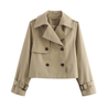 Amelia cropped double-breasted trench jacket in cotton blend with wide lapels, structured shoulders, epaulettes and adjustable buckle cuffs. Clean, waist-balancing silhouette that layers stylishly over high-rise jeans, skirts or tailored trousers.