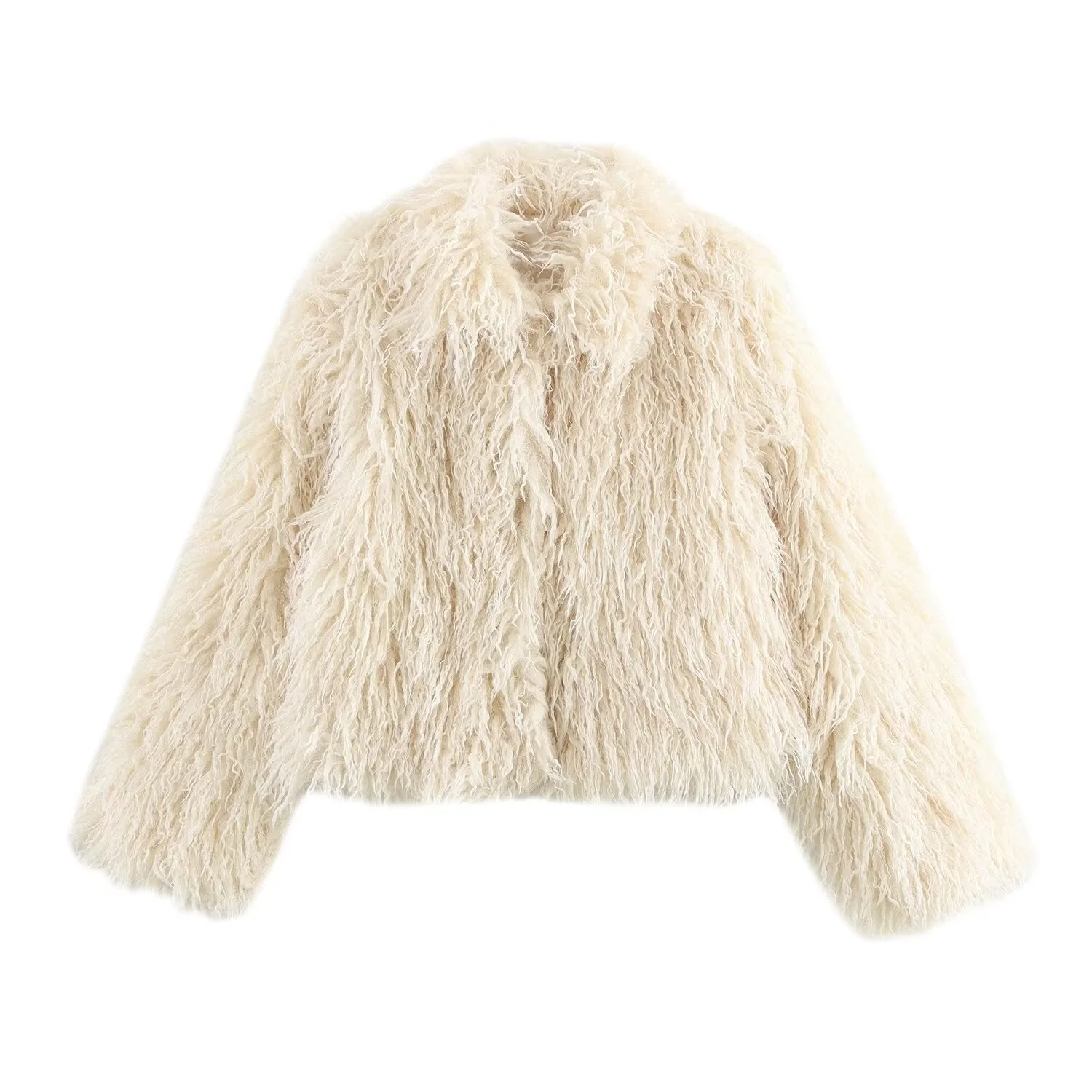 Women’s long-sleeve fur-effect coat in soft off-white featuring a sleek collar, clean front and hip-skimming length. Medium weight provides cosy warmth without bulk, creating an elegant layer over denim, tailoring or evening outfits in cooler months.