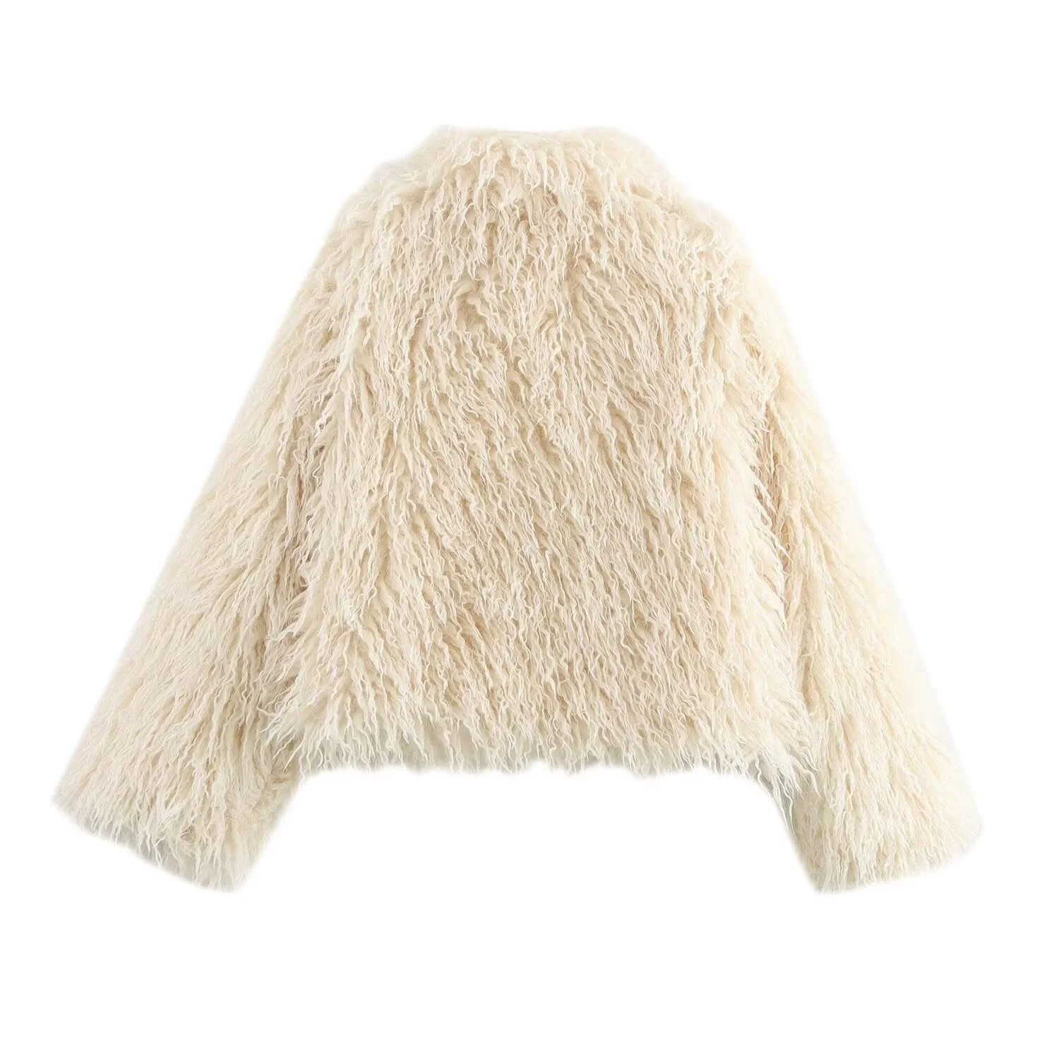 Women’s long-sleeve fur-effect coat in soft off-white featuring a sleek collar, clean front and hip-skimming length. Medium weight provides cosy warmth without bulk, creating an elegant layer over denim, tailoring or evening outfits in cooler months.